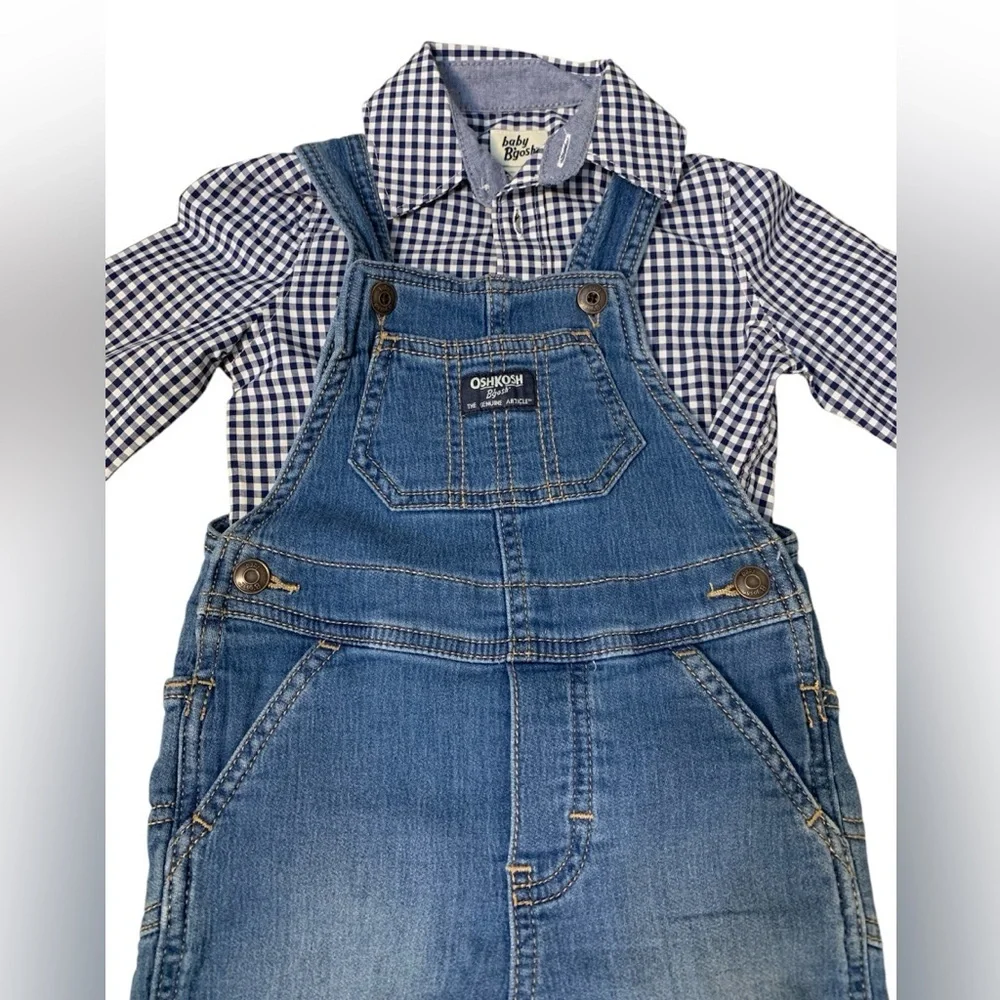 OshKosh B'gosh Denim Overalls & Gingham Bodysuit 2‎ Piece Set 18M Toddler